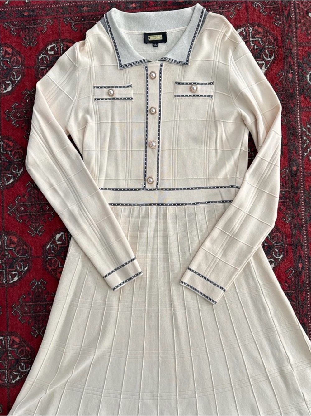 ALEXIA ADMOR Cream Long-Sleeve Knit Polo Dress with Pearl Buttons